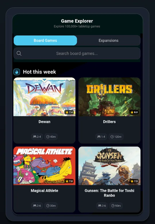 BGKeeper's Game Explorer, showing this week's hot games